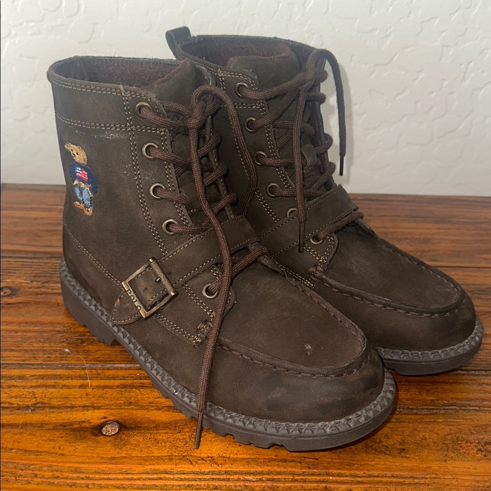 POLO Ralph Lauren Ranger Embroidered Polo Bear Brown Lace up Suede Boot Size 3 - Picture 2 of 16